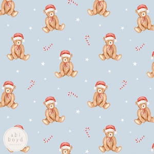 Christmas teddy seamless file, Santa hat teddies repeating pattern, candy cane watercolour seamless file, Xmas teddy bear seamless pattern