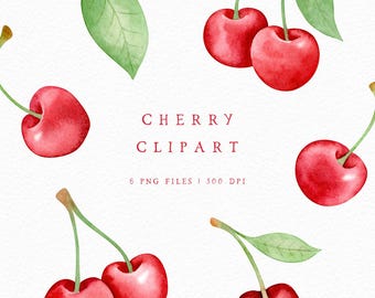 Cherry Clipart, Watercolor Cherry PNG, Hand Painted Cherries, Hand Drawn Fruit clipart for Personal and Commercial Use,