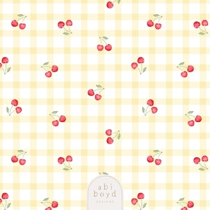 May include: A repeating pattern of red cherries with green leaves on a yellow and white checkered background. The cherries are evenly spaced across the surface. The design is simple and cheerful, suitable for various applications.