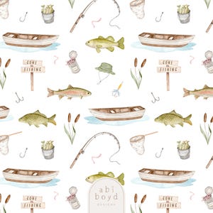 May include: A watercolour pattern with fishing-themed illustrations. It features boats, fish, fishing rods, hooks, bait, and a "Gone Fishing" sign. The design has a soft, neutral colour palette with a white background.