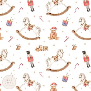 Christmas Toy seamless file, Vintage Seamless Pattern, Repeating Pattern, Rocking horse, teddy bear, Christmas nutcracker fabric, drum