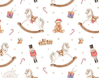 Christmas Toy seamless file, Vintage Seamless Pattern, Repeating Pattern, Rocking horse, teddy bear, Christmas nutcracker fabric, drum