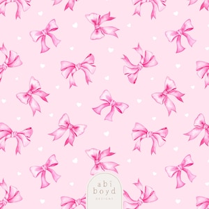 May include: A repeating pattern of pink bows and white hearts on a pale pink backdrop. The bows are rendered in a watercolour style, with detailed shading and ribbon tails. The design is feminine and suitable for various applications.