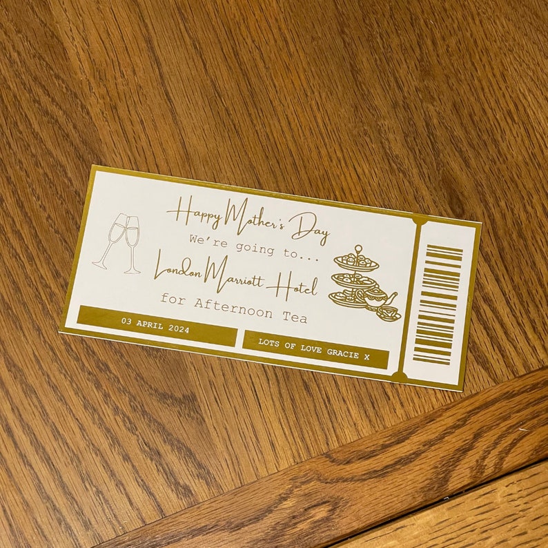 Personalised Afternoon Tea Ticket, Surprise Afternoon Tea Ticket, Gold