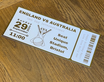 Personalised Cricket Match Foil Ticket, Surprise Cricket Match Ticket, Gold Foil Cricket Match Ticket, Birthday Present, Christmas Present