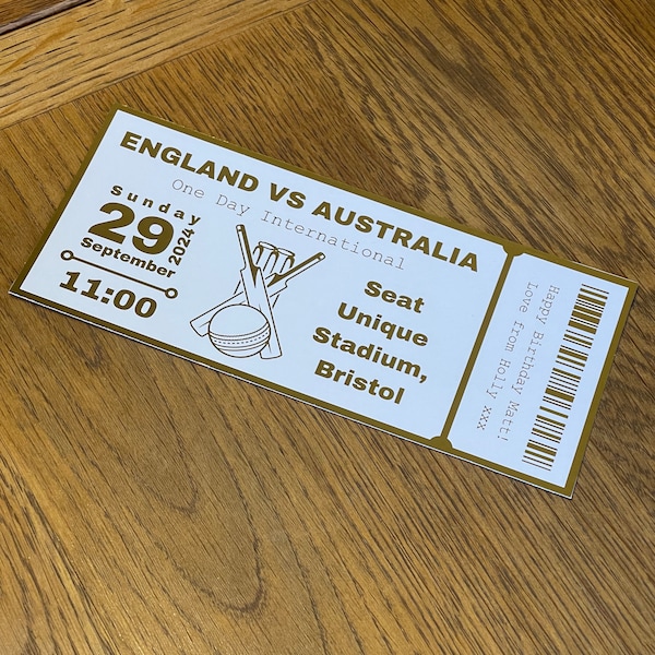 Personalised Cricket Match Foil Ticket, Surprise Cricket Match Ticket, Gold Foil Cricket Match Ticket, Birthday Present, Christmas Present