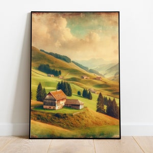 Vintage Countryside Serenity - Rustic Farmhouse and Rolling Hills Landscape Art Print