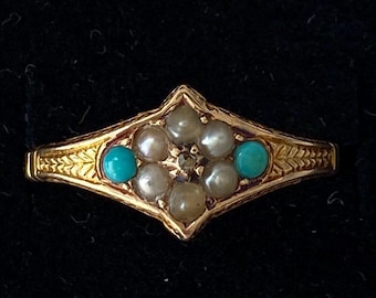 Antique Victorian pearl, diamond, turquoise, gold ring. UK size N US 6.75,