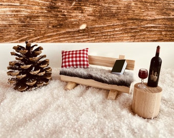 Wooden bench, gnome accessories, miniature