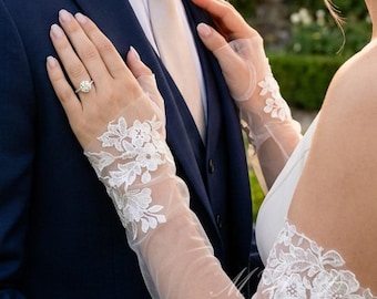 Tulle Wedding Sleeves for Bride, Detachable Lace Bridal Sleeves for Wedding Dress, White Removable Floral Lace Arm Warmers