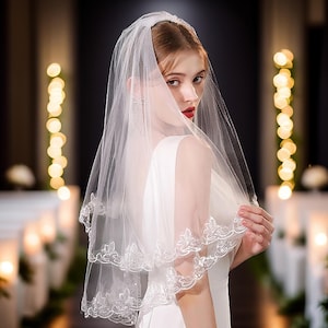 Lace Wedding Veil, Long Lace Veil, Bridal White Chapel, Ivory Chapel, Ivory White Tulle, Long Cathedral, Bridal Cathedral, Wedding Headpiece