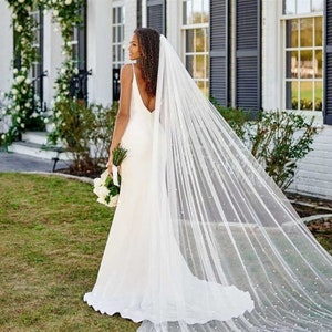 May include: A white bridal veil with a long train and pearl embellishments. The veil is made of soft tulle and has a delicate, romantic look.