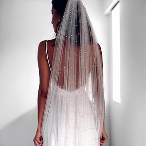 May include: A delicate white wedding veil, embellished with small, sparkling beads. The veil drapes down the back, paired with a white dress featuring spaghetti straps. The image is taken from behind, highlighting the intricate details of the bridal wear.