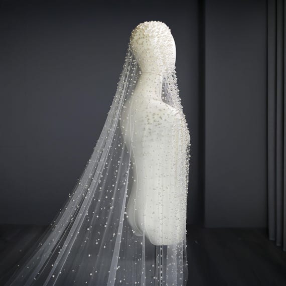 Pearl Bridal Veil, Pearl Beaded Wedding Veil, White or Ivory  display picture 1