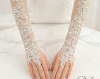 Lace Wedding Gloves for Bride, Long Fingerless Lace Bridal Gloves, Opera Length Bridal Gloves, Rhinestone Floral Gloves