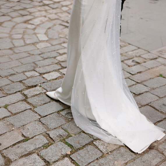 Pearl-Embellished Bridal Veil - White Pearl Embellished Bridal Veil Ivory Veil, Veil With  main image 3
