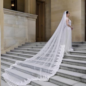 Lace Wedding Veil, Long Lace Veil, Bridal White Chapel, Ivory Chapel, Ivory White Tulle, Long Cathedral, Bridal Cathedral, Wedding Headpiece