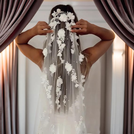 Velo de novia floral, velo de encaje floral, largo catedral blanco