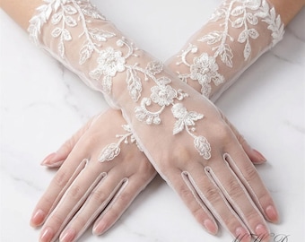 Lace Wedding Gloves for Bride, Long Tulle Bridal Gloves, Sheer White Floral Lace Gloves, Full Finger Embroidered Wedding Gloves