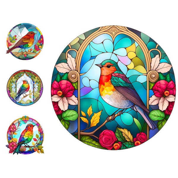 Colorful rainbow style spring easter red robin stain glass window clipart png