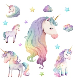 Colorful watercolor cosmic rainbow magical unicorn clipart png digital download