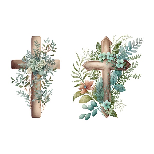 Watercolor wooden cross clipart with eucalyptus leaves religious Easter clipart baptism invitations first communion boys clipart png