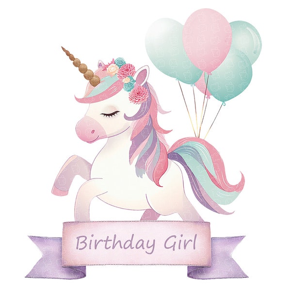 Unicorn Happy Birthday Girl Clipart, 1e verjaardag roze turquoise ballon PNG, sublimatie ontwerp, verjaardagskaart ontwerp, Unicorn ontwerp