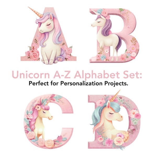 Cute Unicorn Clipart Png Alphabet Decorative Letters Sublimation Personalization Projects Cards Wall Art Kids Party Personal Invitations.