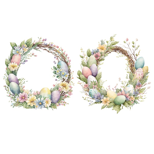 Watercolor happy Easter eggs wreath collection spring floral flowers cliparts pastel style png instant digital download