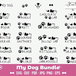 Paquete de pegatinas SVG y PNG "Amo a mi perro": archivos de corte para Cricut y Silhouette, letreros de corazón con forma de pata, citas y vectores. Archivos digitales con temática de perros adorables.