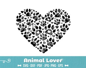 May include: Black and white silhouette of a heart made up of paw prints and small hearts. The text "Animal Lover" is below the heart.
