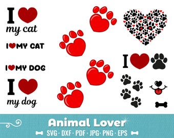 Animal Lover SVG, Dog & Cat Paw Print EPS Bundle, Custome Heart Paw PNG, Eps Digital Cut Files, Instant Download for Cricut, Print, Vector
