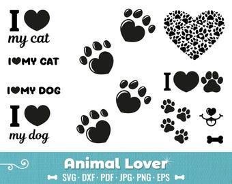 Animal Lover SVG, Dog & Cat Paw Print EPS Bundle, Custome Heart Paw PNG, Eps Digital Cut Files, Instant Download for Cricut, Print, Vector