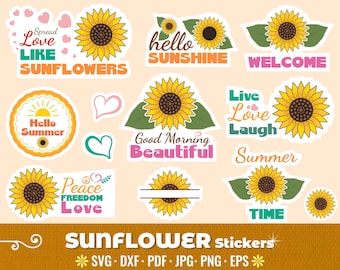 Sunflower themed Printable SVG Stickers, Boho Floral PNG Sticker Set, Cricut or Print and Cut Flower Stickers, Themed Digital Files.