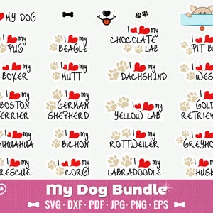 Ich liebe meinen Hund SVG PNG Sticker Bundle - Cricut & Silhouette Cut Dateien, Pfoten Herz Zeichen, Zitate und Vektoren. Süße Hund Themed digitale Dateien.