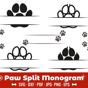 May include: Black and white paw print design with a split monogram area. The design is perfect for creating personalized pet-themed gifts.