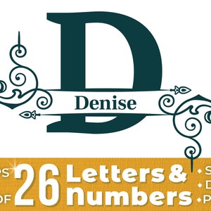 May include: A dark blue monogram design featuring the letter "D" with a banner that reads "Denise". The letter is surrounded by ornate swirls and flourishes. The design is set against a white background. The text below the design reads "26 Letters & numbers" in white text on a yellow background. The design is available in EPS, PDF, SVG, DXF, and PNG formats.