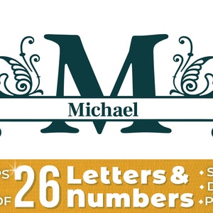 May include: A monogram design featuring the letter "M" in a dark blue colour with a decorative flourish on each side. The name "Michael" is written in a banner below the letter. The design is set against a white background. The image includes the text "26 Letters & numbers" in a yellow box.