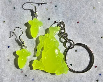 Yellow Glow-in-the-Dark Bunny Keychain and Carrot Earrings Set