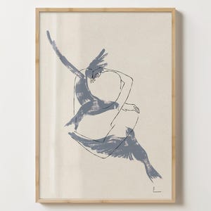 Piccioncini donna e uomo, coppia innamorata e sfilata di uccelli, illustrazione minimalista, stampa artistica di alta qualità