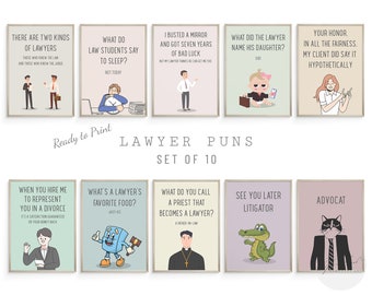 May include: Set of 10 printable 8x10 inch posters with lawyer puns. Each poster features a cartoon illustration and a funny pun about lawyers. The posters are ready to print and display.