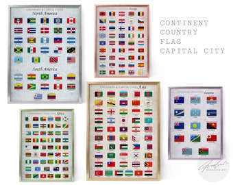 World Continents Capital City Collection, Flags of the World, Capital Cities, Educational Posters Classroom Decor Nursery Wall Art Printable