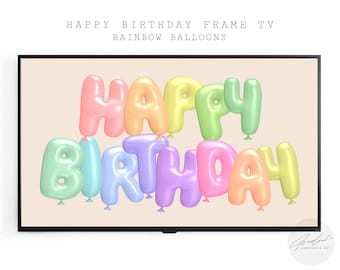 Cadre TV Samsung | Art d&#39;anniversaire | Art mural de fête | Joyeux anniversaire | Art de la télévision intelligente | Téléchargement numérique | Décor de fête | Ballons arc-en-ciel