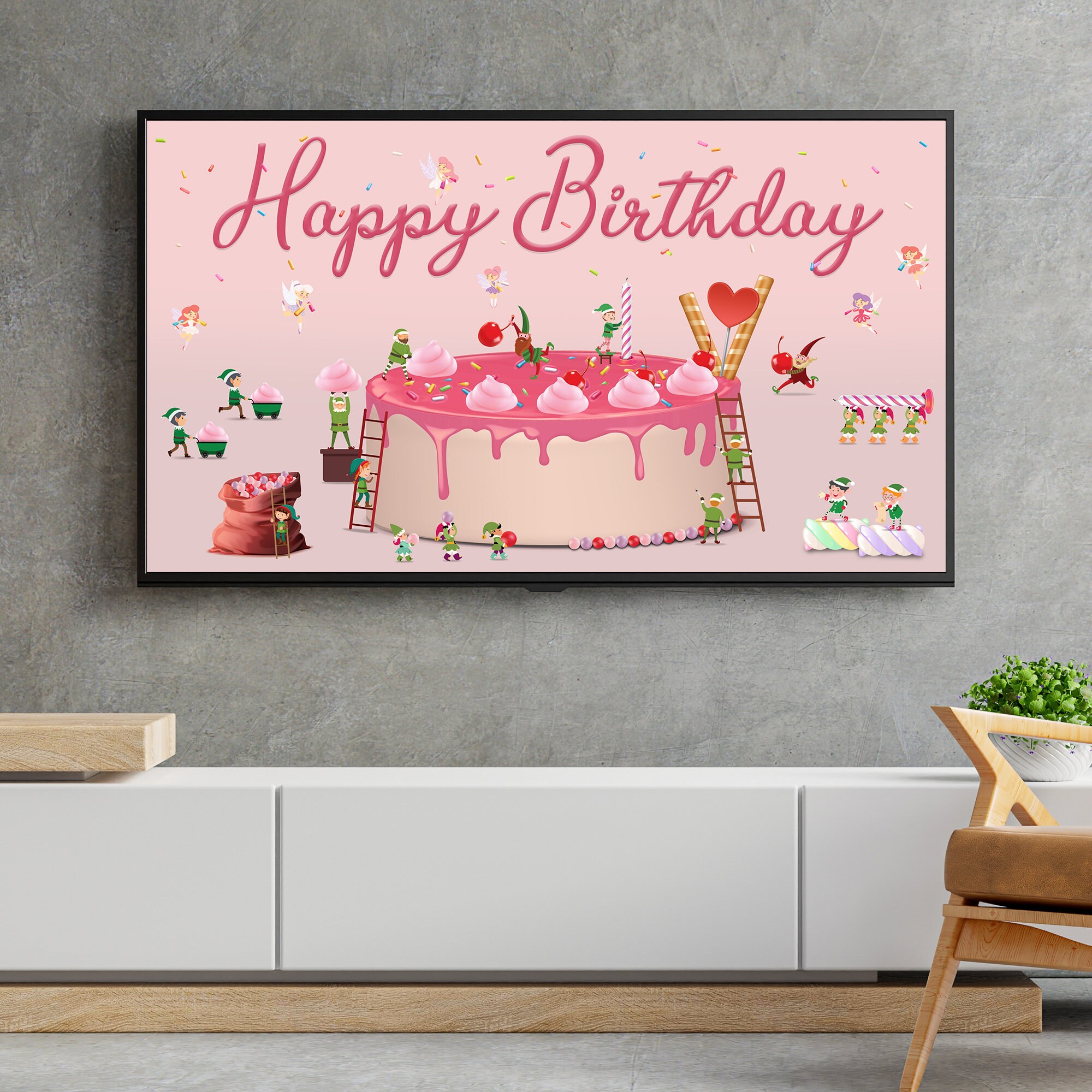 Happy Birthday Samsung Frame Tv Art, Pink Birthday Cake Samsung