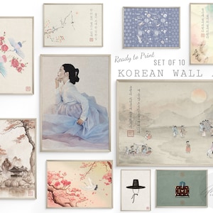 Korean Wall Art Set, Hanbok, Korean Art, Zen Wall Art, Cottagecore, Folk Art, Neutral Wall Art, Nature Wall Art, Garden Art, Mountain Art