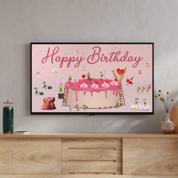 Happy Birthday Samsung Frame Tv Art, Pink Birthday Cake Samsung