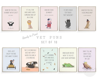 Puede incluir: Conjunto de 10 tarjetas imprimibles de 20x25 cm con juegos de palabras divertidos sobre animales. Cada tarjeta presenta un animal de dibujos animados y un título divertido. Las tarjetas son perfectas para una clínica veterinaria o para los amantes de los animales.