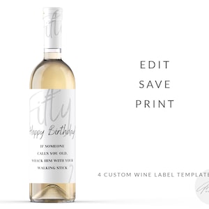 Happy Birthday Minimalist Printable Wine Bottle Labels, Printable Stickers, Wine Gifts, Custom Gifts, Personalized Gifts, 21st Birthday
