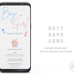 Baby Teddy Bear Gender Reveal Digital Invitation, Baby Shower Evite, Gender Reveal Ideas, Fiesta Invitation, Baby Reveal Editable Invitation
