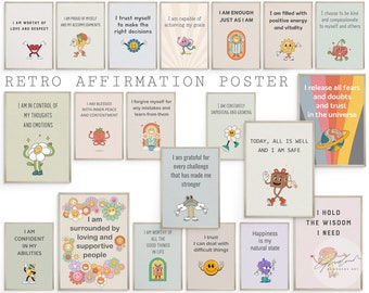May include: A set of 12 retro-style affirmation posters with colorful illustrations and positive messages. The posters feature a variety of characters and designs, including hearts, flowers, rainbows, and stars. The text on the posters includes affirmations such as "I am worthy of love and respect", "I am enough just as I am", and "I am grateful for every challenge that has made me stronger".